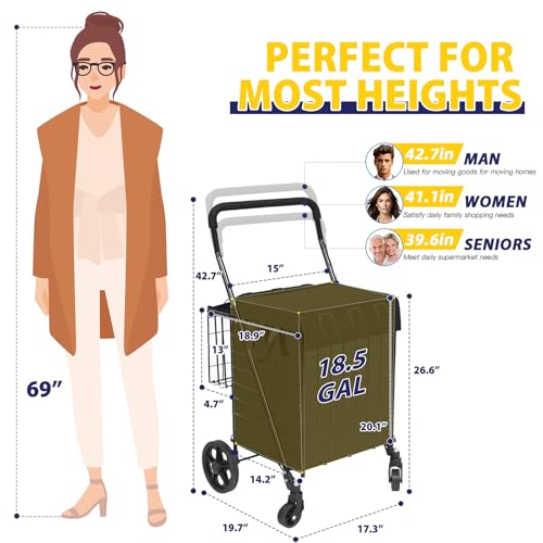 Siffler Collapsible Shopping Cart with Double Basket & Waterproof Liner - Grocery, Laundry & Travel Foldable Cart, 360° Swiveling Wheels, Medium Size with Carry Bag - size: Standard Medium+Bag