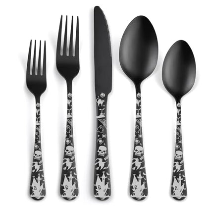 Skull Silverware Set SANLUNS 40 Piece Matte Black Unique Flatware Set for 8,Stainless Steel Fine Dining Utensils Spoons,Forks,Knife Pattern Tableware Durable Cutlery Halloween Home Kitchen,Dishwasher - color: Matte Black-Halloween/40picecs