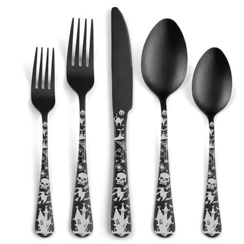 Skull Silverware Set SANLUNS 40 Piece Matte Black Unique Flatware Set for 8,Stainless Steel Fine Dining Utensils Spoons,Forks,Knife Pattern Tableware Durable Cutlery Halloween Home Kitchen,Dishwasher - color: Matte Black-Halloween/40picecs