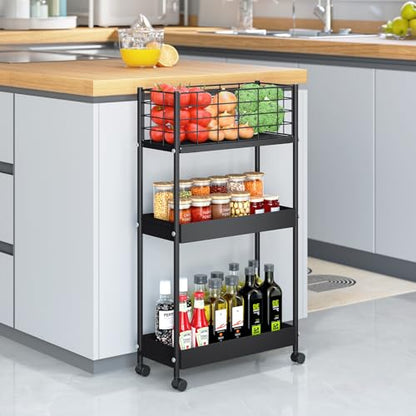 Slim Rolling Storage Cart, 3 Tier Heavy Duty Metal Utility Cart, Black - color: Black, size: 3-Tier