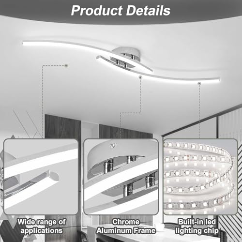31.4Inch Modern LED Ceiling Light 22W Chrome Linear Ceiling Light Fixture 6000K Aluminum Long Flush Mount Ceiling Lights Fixture Lamp for Bedroom Hallway Kitchen Bathroom - color: Chrome,Intersect, size: 31.49Inch