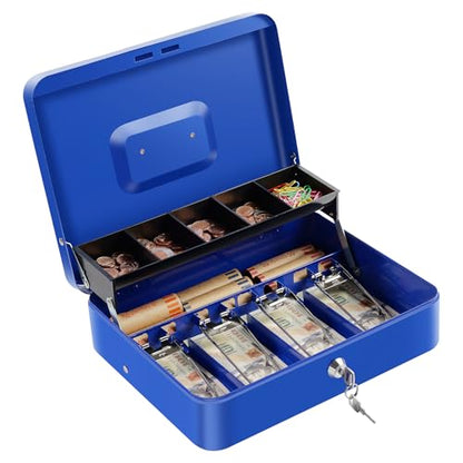 Cash Box with Lock Key and Money Tray, Large Money Box for Cash Register - color: Blue