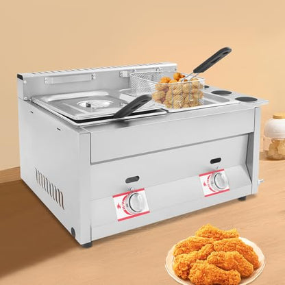 Commercial Gas Deep Fryer, 12L Stainless Steel Dual Tank Kitchen Frying Machine, Countertop Gas Deep Fryer with Basket & Lid, Double Frying Machine for Chicken Wings French Fries Restaurants