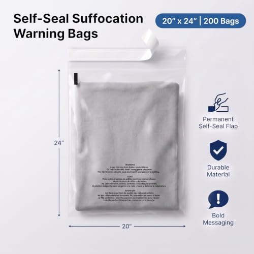 20" X 24" (200 Count) Self-Seal Clear Poly Bags With Suffocation Warning - size: 20" x 24"