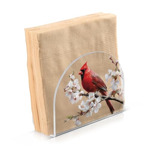 Napkin Holder Highland Red Bird White Flowers Acrylic Tissue Dispenser Non-Slip Holds 50-60 Napkins Freestanding Tissue Dispenser Box, for Kitchen Dining Car Decor - color: red bird white flowers