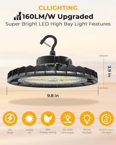 UFO LED High Bay Light, 150W 24,000LM, 1-10V Dimmable, Flicker-Free, 6 Pack - size: Dia. 9.84"-150W
