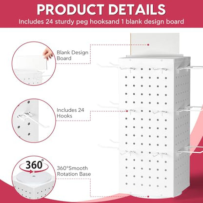 Rotating Pegboard Display Stand With 24 Hooks,Spinning Peg Board Displays,Tabletop Metal Pegboard Shelf for Craft Shows & Fairs, Retail Stores, Vendors Arts and Crafts (White) - color: White