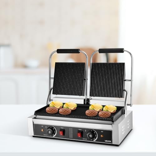 VEVOR Commercial Panini Grill, 3600W Electric Sandwich Panini Maker, Stainless Steel Double Sandwichs Press with Handle and Temp Control, 19x9 in Full Grooved Enamel Plate, for Hamburger Steak Bacon