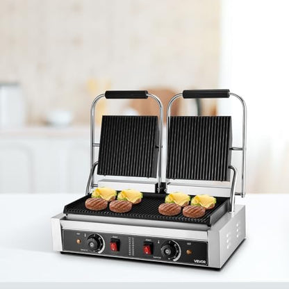 VEVOR Commercial Panini Grill, 3600W Electric Sandwich Panini Maker, Stainless Steel Double Sandwichs Press with Handle and Temp Control, 19x9 in Full Grooved Enamel Plate, for Hamburger Steak Bacon