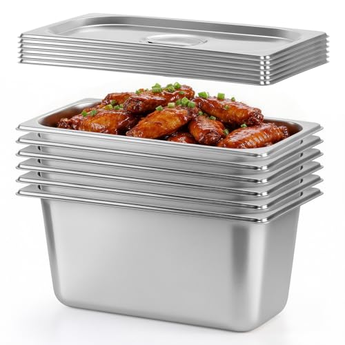 Dyna-Living Steam Table Pan with Lid 1/3 Size 6 Inch Deep 6 Pack Hotel Pans - color: With Lids, size: 6 Inch Deep