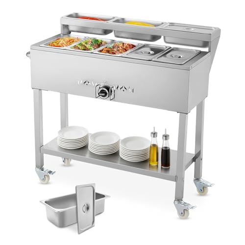 VEVOR Commercial Propane Steam Table, 5 Food Pans & 3 Condiment Pans, LP Gas Outdoor Soup Warmer with Drain Valve and 3" Wheels, Stainless Steel Propane Food Warmer with Adjustable Temp for Outdoor - size: 5×1/3 Pan;40QT