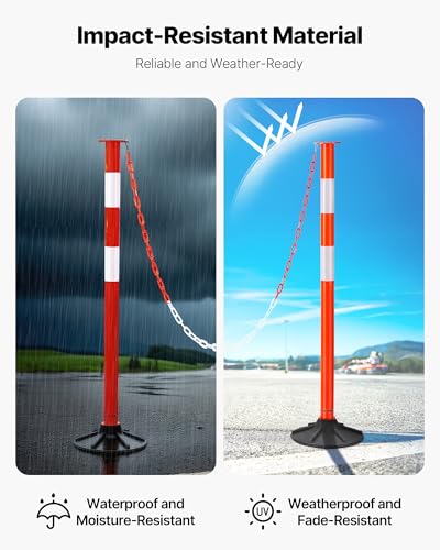 VEVOR 4 Pack Traffic Delineator Posts, 34 in Traffic Safety Cones with Weighted Base, Reflective Strips and Chain, Heavy Duty Delineator Posts for Construction Site, Parking Lot, Crowd Control, Red - size: 4 Pack