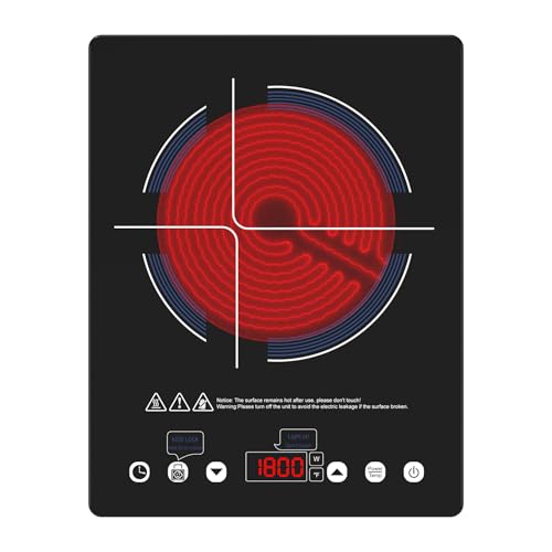 Electric Cooktop 110v,Single Burner Electric Stove Infrared Cooktop Hot Plate 1800W,4-Hour Setting,Black Crystal Glass Surface Compatible for All Cookware