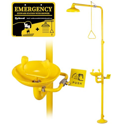CGOLDENWALL Emergency Shower Eye Wash Station Combination Eye Wash Station with Shower, NPT Thread, with Emergency Sign, 304 Stainless Steel+Yellow Coating - color: 304 Stainless Steel + Yellow Coating