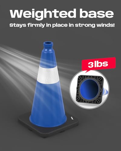 BATTIFE 8 Pack 18 Inch Traffic Cones, PVC Blue Cone, Black Weighted Base - color: Blue, size: 18 Inch