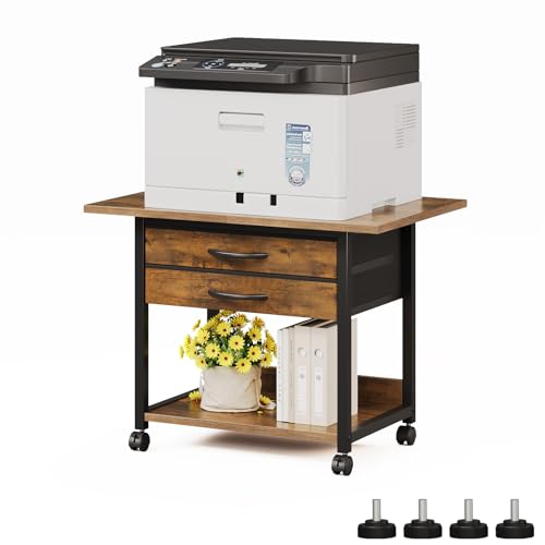 VENNQD Large Printer Stand with Storage Fabric Drawer Under Desk Printer Table with Wheels for Home Office, Printer Cart fit Fax Machine Scanner 23.4"x15.7"(Rustic Brown, 2 Tiers) - color: Rustic Brown, size: 2 Tiers