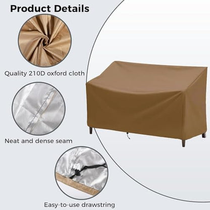 Outdoor Bench Cover, 2 Seater Patio Bench Cover, Waterproof Heavy Duty Patio Furniture Protector with Air Vents, Buckle Straps and Drawcord, 53 x 26 x 35 in, Brown