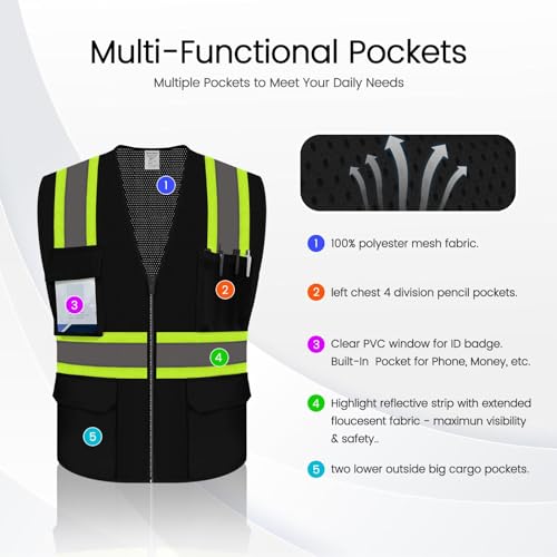 Safety Vest for Men, Hi Vis Mesh Vest, High Visibility, Black, XL - color: Black, size: X-Large
