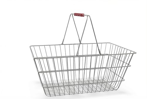Chrome Shopping Basket with Red Handles, Metal Construction, 17.75 x 12.75 x 7.5 Inches, 40 lb Capacity, Nesting Design for Retail