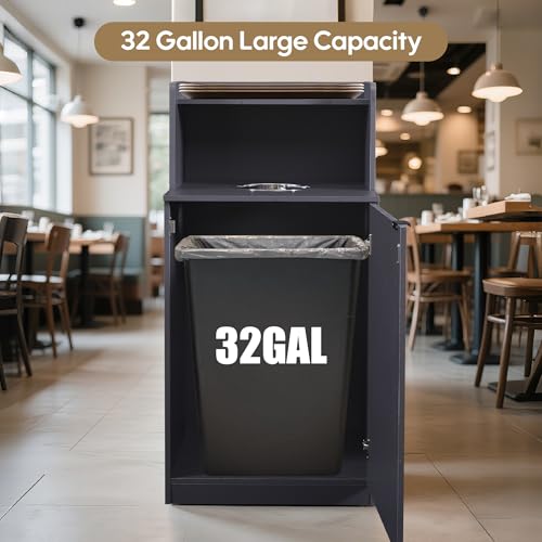 Restaurant Trash Can Cabinet, Commercial Trash Cans 32 Gallon Wooden Trash Can and Garbage Receptacle with Tray Holder, Door, Large Trash Bin for Restaurant, Cafeteria, Kitchen, Office, School, Grey - color: Gray