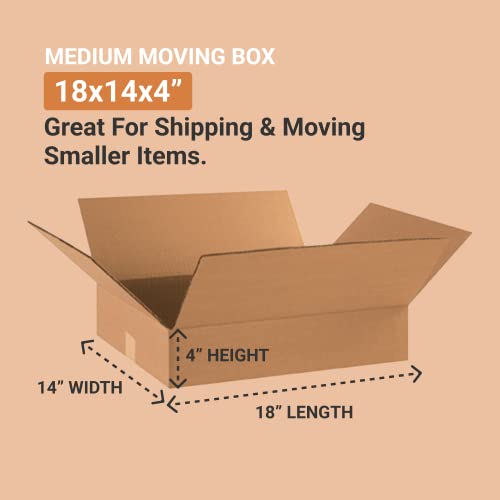 BOX USA 18144 Flat Corrugated Cardboard Box 18" L x 14" W x 4" H, Kraft, For Shipping, Packing and Moving (Pack of 25)