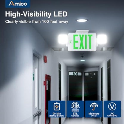 Amico 4 Pack Commercial Green Double-Sided Exit Sign with Large LED Light - color: Green