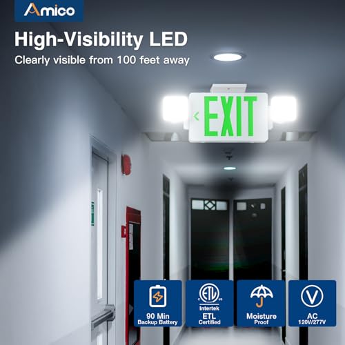 Amico 4 Pack Commercial Green Double-Sided Exit Sign with Large LED Light - color: Green