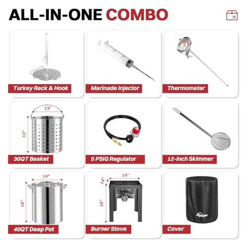 40QT Turkey Fryer Set | Stainless Steel Pot | Outdoor Fryer - size: 40QT+COVER+SKIMMER