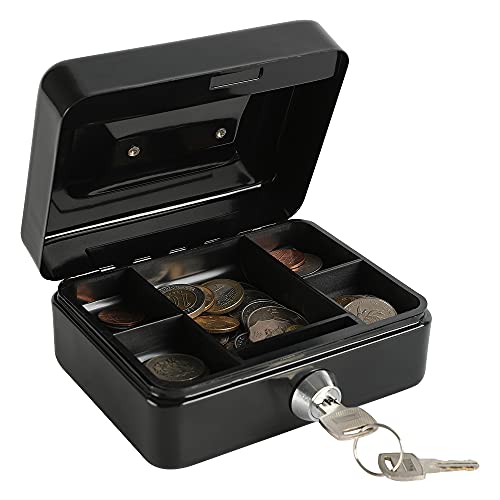 xydled Mini Cash Box with Lock, Metal Money Box, Steel Money Box, Black - color: Black, size: Small
