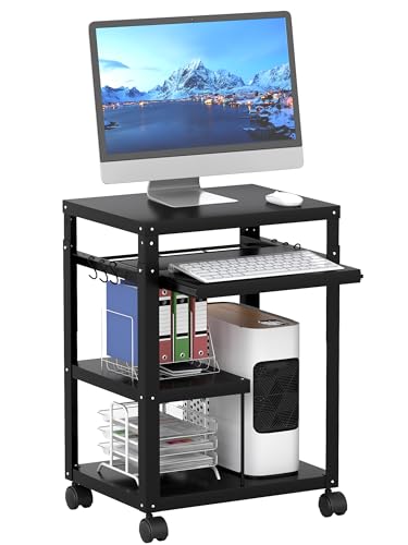 AV Presentation Cart with Keyboard Tray Mobile AV Cart Stand Metal Media Cart with Wheels for Projector Height Adjustable Computer Workstation Presentation Cart for School Classroom Office