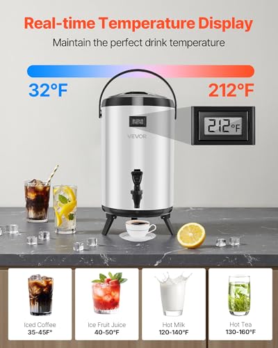 VEVOR Insulated Beverage Dispenser, 3.2 Gal/12L Stainless Steel Thermal Drink Server with Spigot & Temp Display, Suitable for Hot and Cold Drinks, for Tea Coffee Water in Cafes & Restaurants, 2 Pack - size: 3.2 Gal (2 Pack)