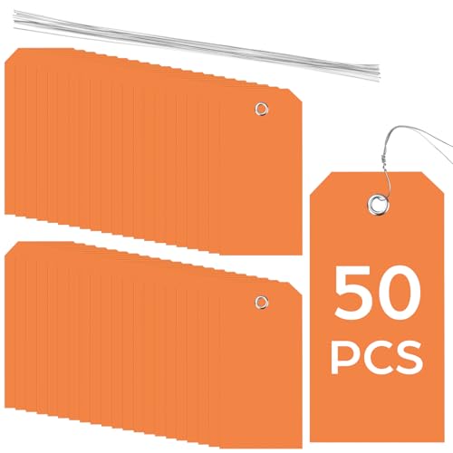 50 Pack Orange Plastic Shipping Tags with Wire Ties, 4.72 x 2.36 inches Heavy Duty Industrial Hang Tags, Blank Identification Labels for Warehouse, Inventory & Outdoor Equipment (Orange) - color: Orange