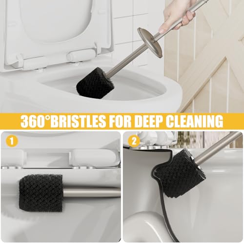 BESy Toilet Brush and Holder, Toilet Cleaner Bowl Set with Two Brush with Extra Long Handle, Durable Bristles Toilet Scrubber and Covered Holder, Drip-Proof Stainless Steel Brushed Nickel - color: Brushed Nickel
