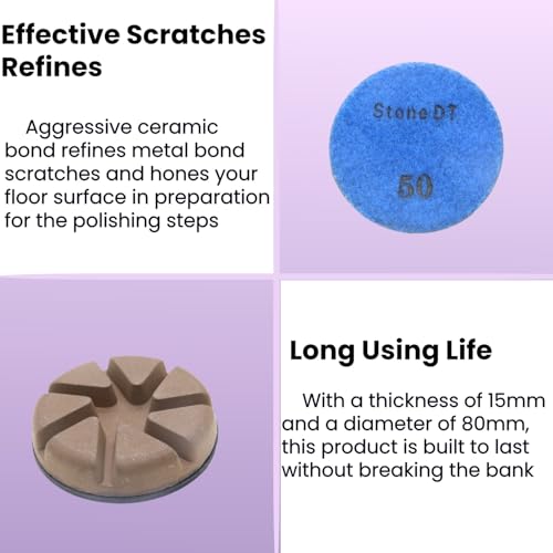 Hybrid Diamond Polishing Pucks, 3’’ Floor Grinding Pads for Hard Concrete Surface, Compatible with Ride-on/Walk-Behind Floor Grinder, Aggressive Ceramic Bond, 50#, 9PCS - style: 50# 9PCS