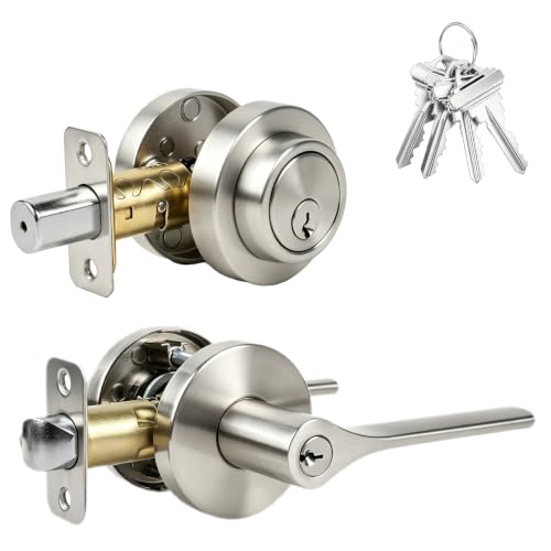 Keyed Alike Front Door Handle and Deadbolt Set, Exterior Door Lock Set with Deadbolt, Heavy Duty Round Door Knob and Deadbolt Lock for Front Doors, Satin Nickel, 1 Pack - size: 1pack-set