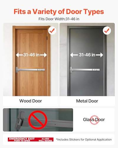 VEVOR Push Bar Panic Exit Device, 31" Stainless Steel Commercial Panic Bar for Exit Doors, Emergency Exit Door Hardware with Auto Alarm System and Sticker, for 31"-46" Wood or Metal Door, Silver - size: 31" x 6.02" x 2.6"