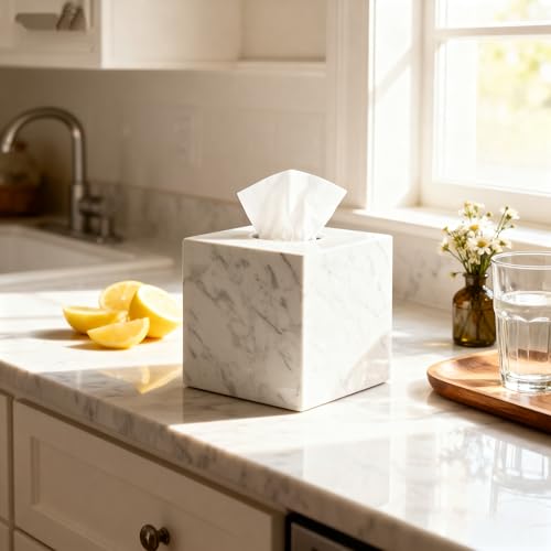 Natural Marble Tissue Box Holder Cover, Square Cube Tissue Box Holder with Open Bottom for Bathroom Vanity Tops, Bedroom Dressers, Kitchen Countertop, White Tissue Box(NS021) - color: White