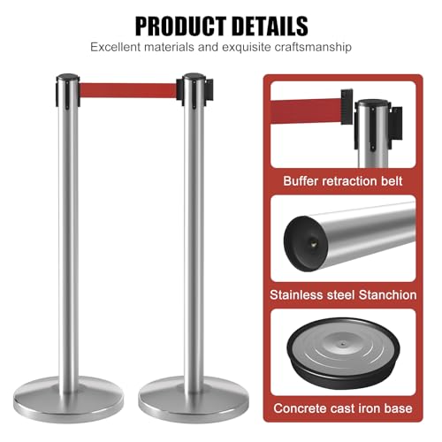 kaiyomi 2 Pack Stanchions with Retractable Barriers 11 Feet Belts (Silver) - color: Silver