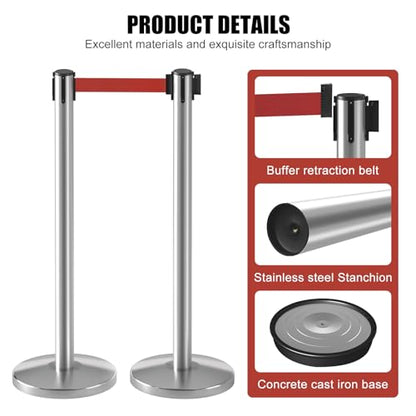kaiyomi 2 Pack Stanchions with Retractable Barriers 11 Feet Belts (Silver) - color: Silver