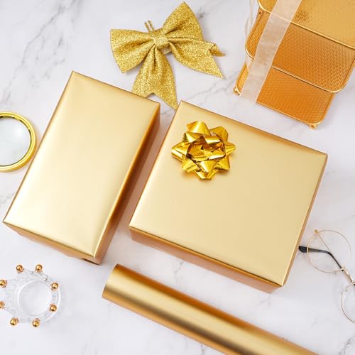 ZINTBIAL Metallic Gold Wrapping Paper Roll with Cut Lines - Solid Gold Holiday Gift Wrap for Graduation, Birthdays, Baby Shower, Wedding, Christmas - 17.5 in x 33 ft (48 sq. ft), Easy to Cut - color: Metallic-Gold