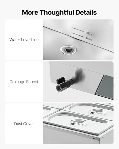 VEVOR Commercial Food Warmer, 1500W Electric Stainless Steel Steam Food Warming with Lid, Fast Heating Countertop Buffet Bain Marie with Six 1/3 Size Food Pans, for Catering, Restaurant and Party - size: 6*1/3Pan;15CM Depth