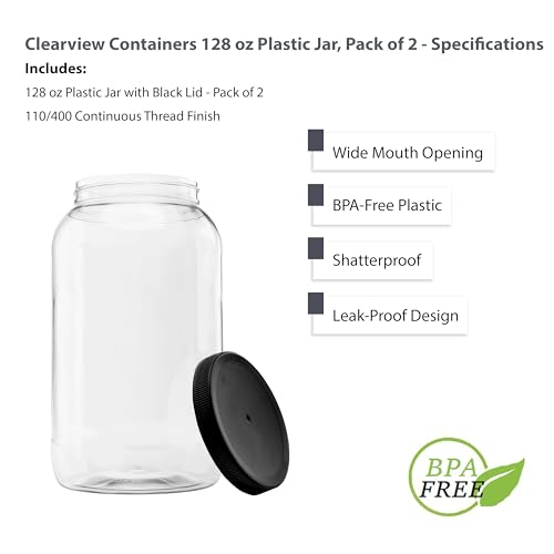 2 Pack - 128 oz (1 Gallon) Plastic Storage Jars with 110-400 Leak Proof Black Lids, Food Grade, BPA Free, Hand Wash Only (128oz, BLK, 2PK) - size: 2pk - 128oz, Black