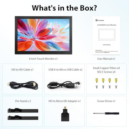 ELECROW 8 Inch Touchscreen Monitor, 1280x800 IPS LCD HD Display with Stand, Portable Capacitive Touch Screen Compatible for Raspberry Pi 3/4/5, Win 11/10/8/7, Jetson Nano, laptops, Game Consoles