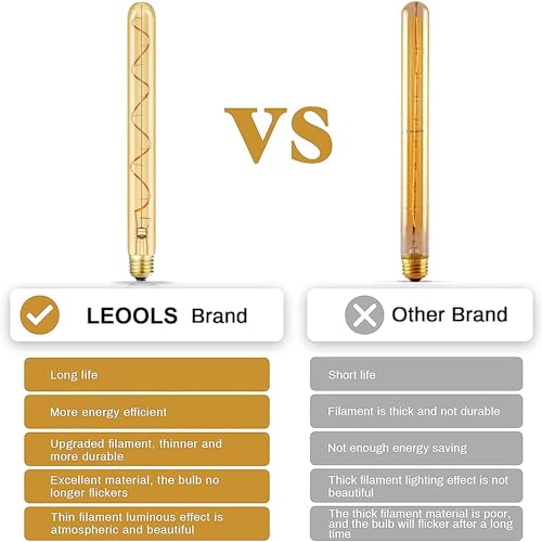 Leools Vintage LED Spiral Filament Bulb T10,11.8inch Long Tubular Dimmable Edison Light Bulbs,E26 Medium Base,Amber Glass,Warm White,2200K,400LM(40W Equivalent),T30 Led Tube Bulb,Pack of 4. - style: 11.8in(300mm)
