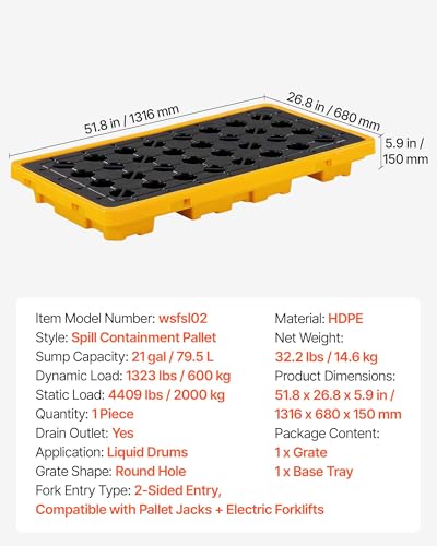 VEVOR Spill Containment Pallet, 2 Drum Low Profile Spill Containment Modular Platform, 21 Gallon Sump, 4409 lbs Load Capacity, Heavy-Duty Polyethylene Tray with Drain, 51.8" x 26.8" x 5.9", Yellow