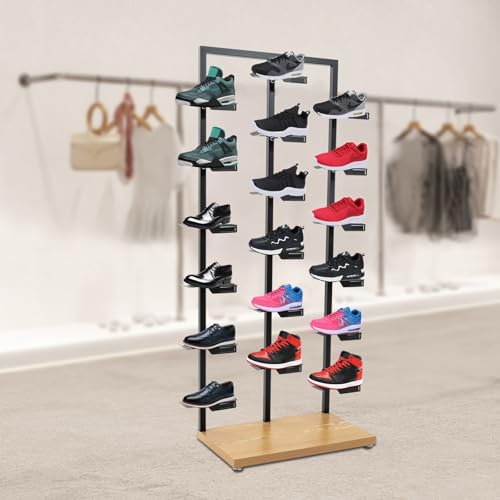 Commercial Clothing Store Shoe Rack Retail Store Shoe Display Shelf Free Standing Shoes Shelf Single Sided Shoes Racks 18 Compartments 24.25lbs Load Capacity (31.5 * 59.06in, Black, Wood) - color: Black, Wood