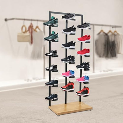 Commercial Clothing Store Shoe Rack Retail Store Shoe Display Shelf Free Standing Shoes Shelf Single Sided Shoes Racks 18 Compartments 24.25lbs Load Capacity (31.5 * 59.06in, Black, Wood) - color: Black, Wood