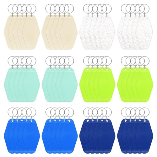 Blank Hotel Keychain Tags [60PCS] - Plastic Rhombus Blank Motel Keychain with Key Rings - color: Beige/Glitter Clear/Light Blue/Bright Green/Sky Blue/Navy