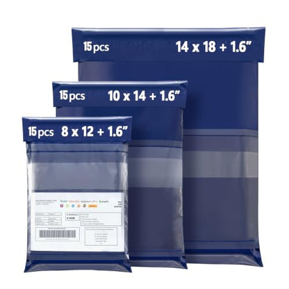 Shipping Bags (45 Pack) with Label Pouch, 3 Sizes, 8x12, 10x14, 14x18 Inch Poly Mailers, Self-Seal Mailing Envelopes, Waterproof, Opaque, Tear-Resistant, for Small Business, Blue