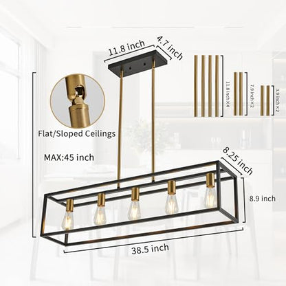 Kitchen Light Fixtures Farmhouse Rectangle Chandeliers Dining Room Light for Dining Rooms, Light Fixture Matte 5-Light Industrial Pendant Lighting - color: Black&Brass, size: 5 Lights